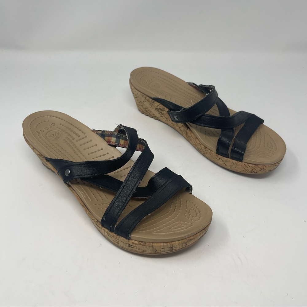 Crocs Women's A-Leigh Cork Black Brown Wedge Strappy Sandals Size 8